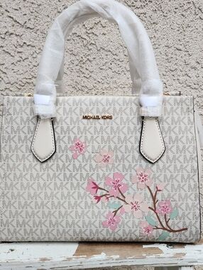 Michael Kors Cream Logo Floral Satchel with Pink Blossoms